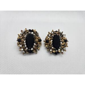 Vintage Clip Earrings Gold Tone Black Middle Stone Rhinestone Wow!